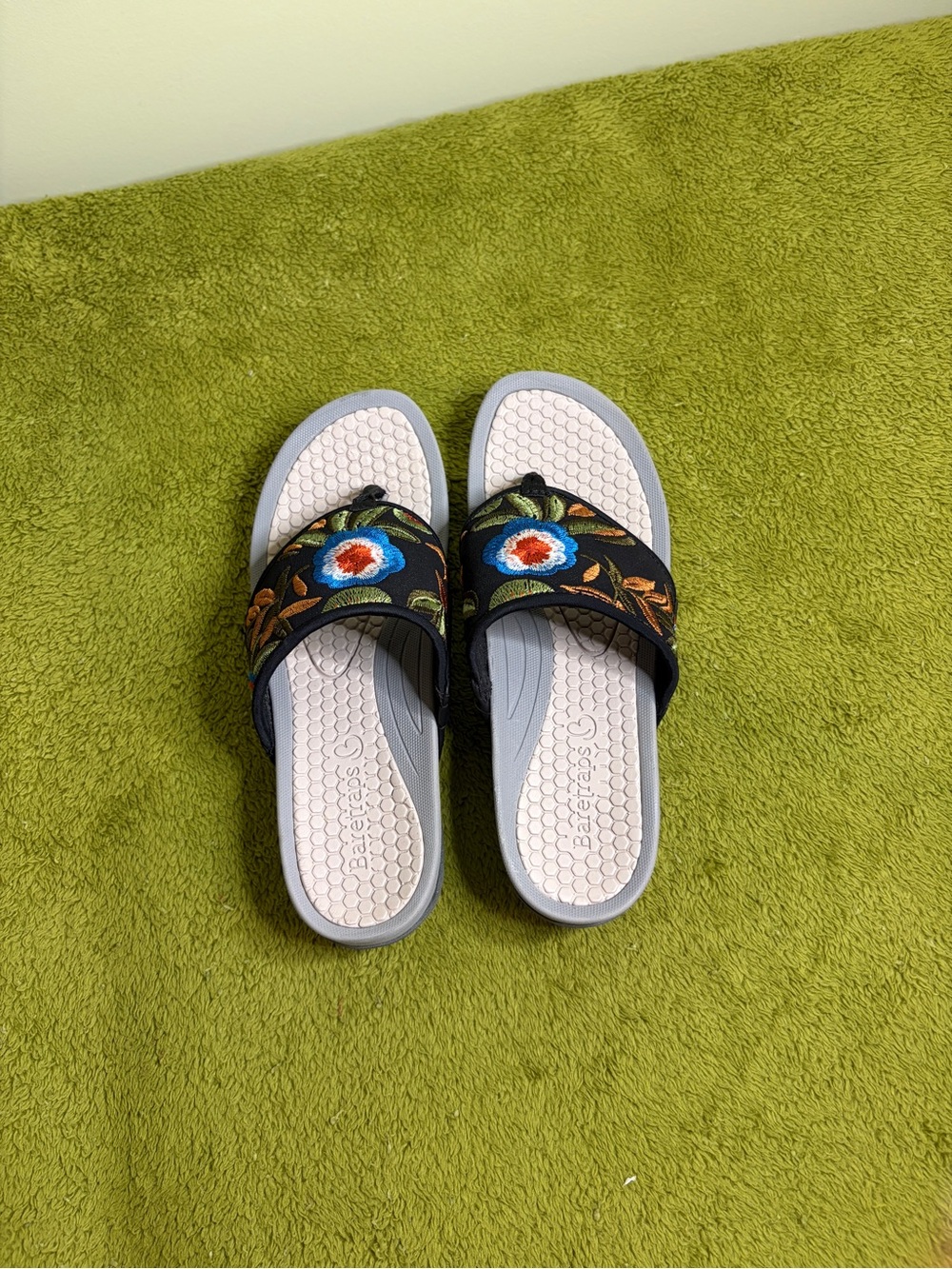 BareTraps Black Slide Sandals with Blue & Orange Floral Embroidery